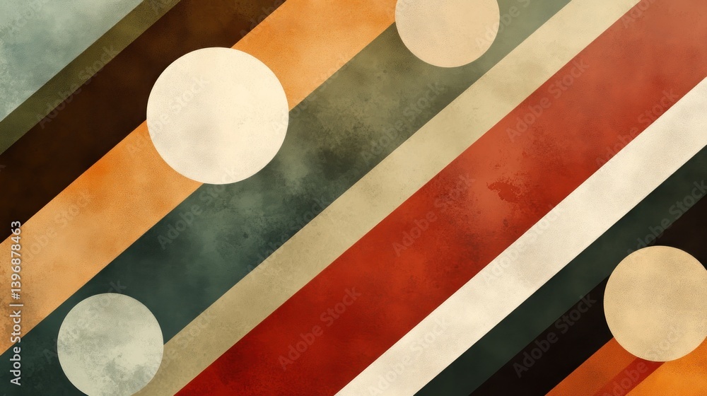 Poster abstract geometric composition featuring diagonal stripes and circles in a textured retro aesthetic 