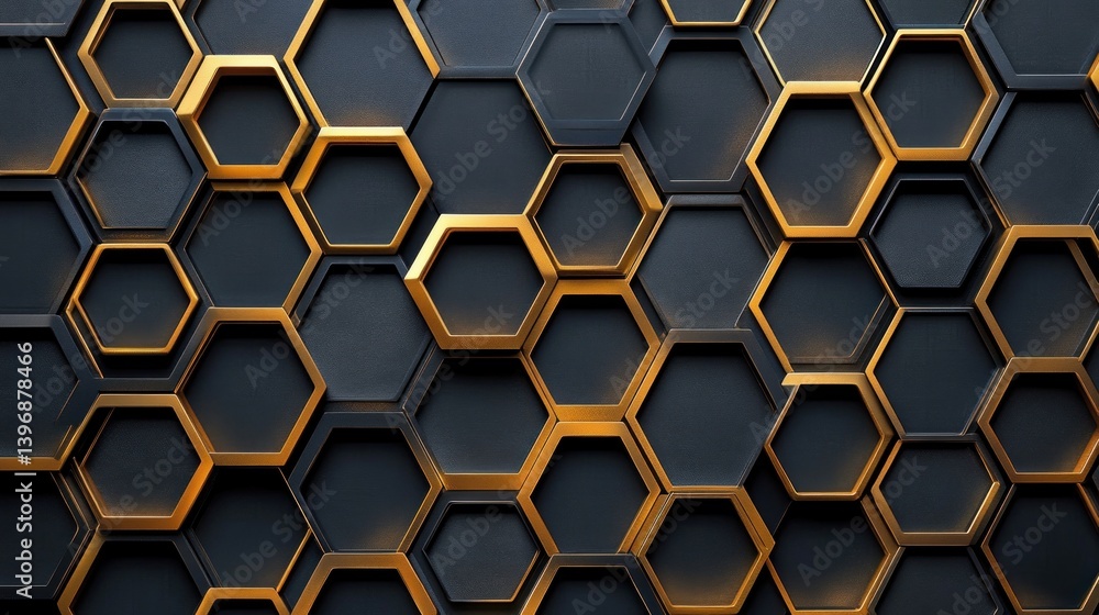 Poster luxurious geometric background featuring interconnected black hexagons highlighted with captivating 