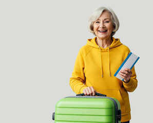 Smiling joyful gray-haired old lady in yellow hoodie, holding green travel suitcase and boarding pass, ready to fly on trip, isolated on solid light background with empty copy space.