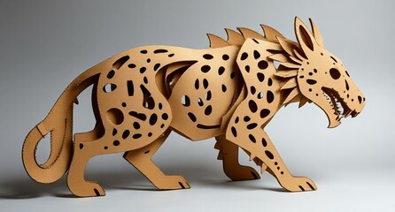 Naklejka premium A life-sized cardboard cutout of a hyena standing upright, showcasing its distinctive features and markings