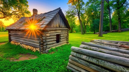 A sun-drenched log cabin in a tranquil park setting.