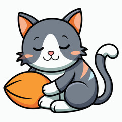 Sleeping Cartoon Cat Holds Mango, Cute Feline with Eyes Closed, Pet Illustration, Animal Design