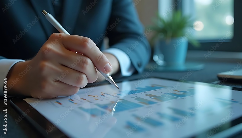 Poster close-up of businessperson analyzing financial data on tablet – stock market graphs, analytics dashb