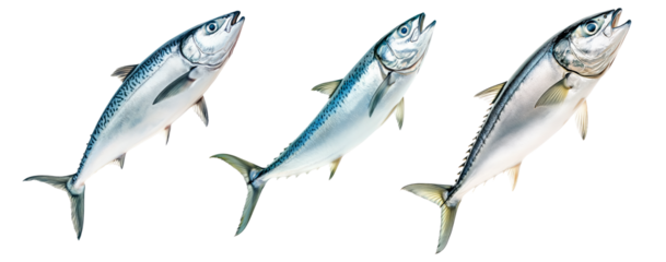 Set of mackerel fish with detailed scales and fins isolated on white transparent background. Concept of seafood and marine life