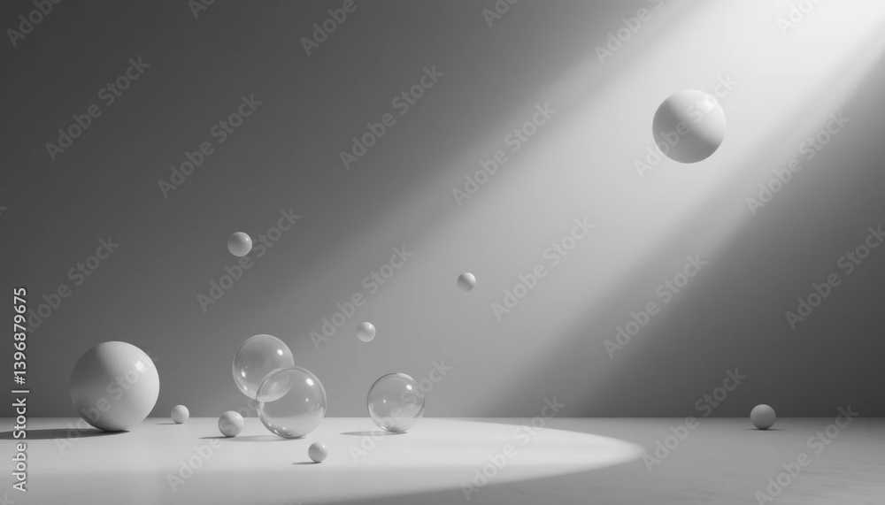 Poster dynamic movement of spheres and bubbles under dramatic lighting in a minimalist studio setting abstr