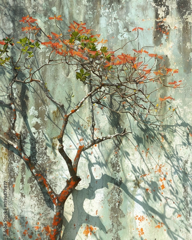 Poster vibrant tree branches with red flowers casting intricate shadows on a textured wall in a serene sett
