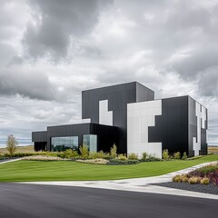 A sleek black-and-white themed museum building with angular shapes