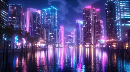 Obraz premium Vibrant Neon Cityscape with Reflections at Night in Urban Environment