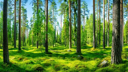 Obraz premium A sun-drenched forest floor, vibrant with life.