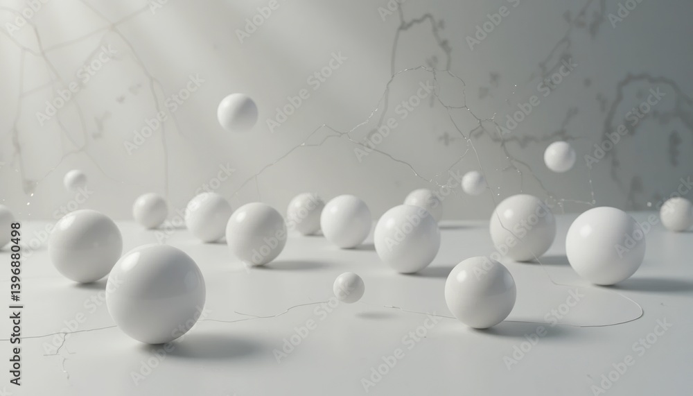 Poster dynamic motion of white spheres in a minimalist environment studio setting 3d visualization artistic