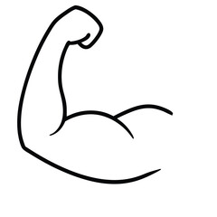 Muscle icon. Bicep symbol. Strong arm vector illustration. Gym logo. Bodybuilding fitness concept. Athlete flexing hand sign. Muscular power pictogram isolated on a white and black background.