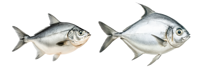 Set of silver Pomfret fish with striking details of fins and scales isolated on white Transparent background. Represents aquatic life and marine biology