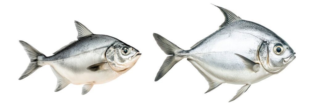Set of silver Pomfret fish with striking details of fins and scales isolated on white Transparent background. Represents aquatic life and marine biology
