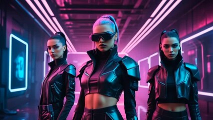Futuristic fashion concept scene with cyberpunk outfits and neon-lit backgrounds for sci-fi inspired clothing brand content in high-definition stock