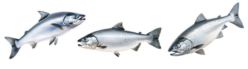 Obraz premium Set of Silver salmon fish with fine details, textured scales and fins isolated on white transparent background. Concept of aquatic life