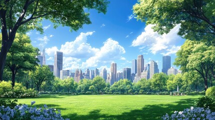 Fototapeta premium Lush Green Park with Skyscrapers Under Bright Blue Sky