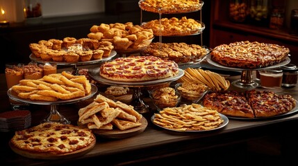 Abundant Golden Brown Food Buffet on Dark Wooden Table