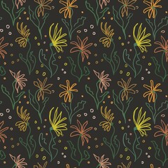 Floral seamless pattern in vintage rustic style, colored garden illustration on ivory background, hand painting print with abstract flowers, leaves and plants, design texture.
