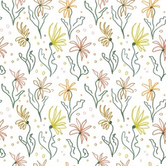 Floral seamless pattern in vintage rustic style, colored garden illustration on ivory background, hand painting print with abstract flowers, leaves and plants, design texture.
