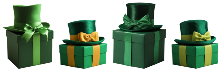st. patrick's day gifts with green hats and bows on boxes