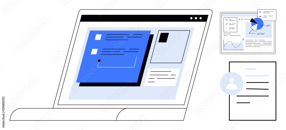 Poster laptop screen showing a responsive interface with text boxes, graphs, and profile data. ideal for bu