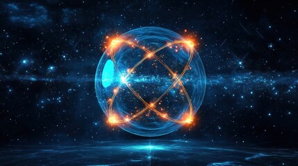 Obraz premium abstract glowing atom sphere with cosmic background depicts scientific research or futuristic technology innovation concept visualization