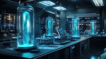 A futuristic lab where scientists are studying alien life forms, with glowing jars and advanced scientific tools