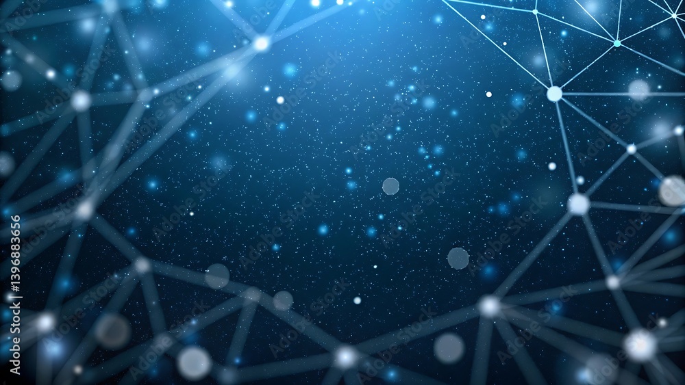 Poster dark blue tech network background with glowing white dots and abstract connected lines for digital d