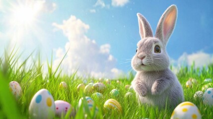 Easter bunny in grass with hidden eggs sunny day vibe