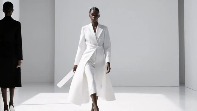 Minimalist studio runway walk of high fashion model in white background with monochromatic lighting for minimalist apparel advertising campaign visuals