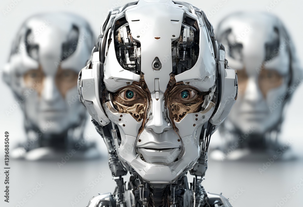 Poster white cyborg head robot angles isolated background set very face render 3d three detailed different 