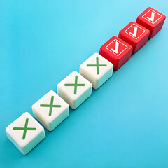 Obraz premium yes no maybe crossword, A row of six rectangular blocks arranged diagonally on a bright blue background.