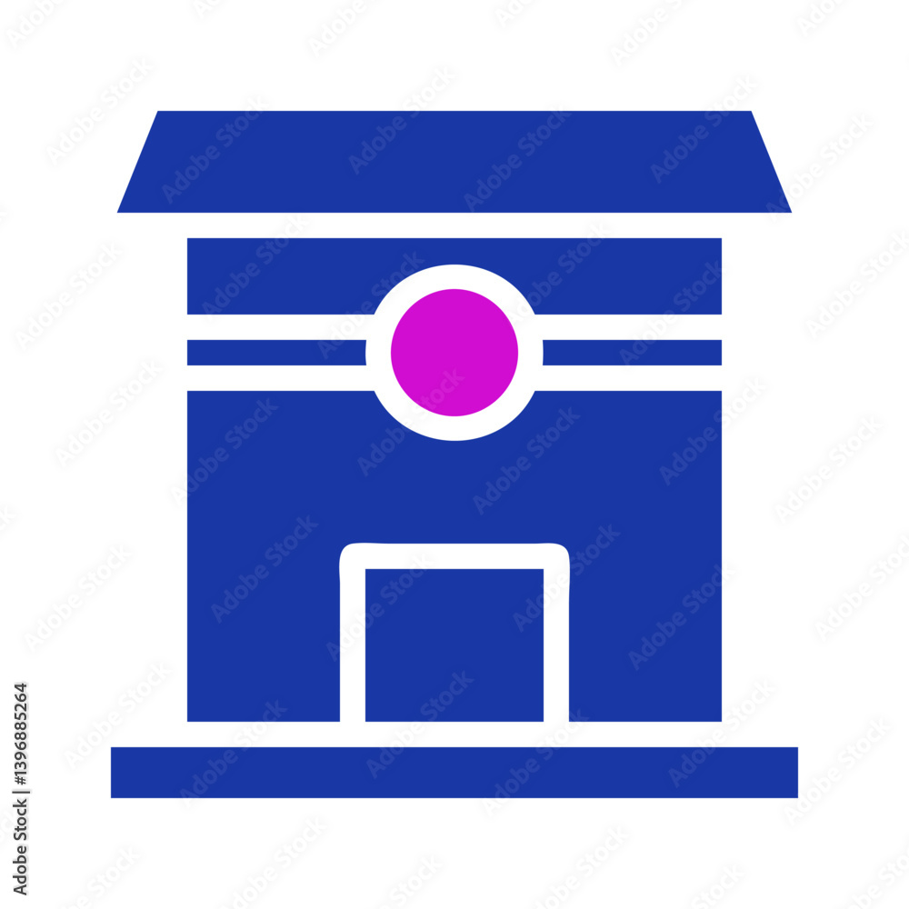 Poster stylized building facade with geometric shapes and a circular central element