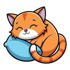 Cartoon Orange Tabby Cat Sleeping Curled Up Comfortably on a Soft Blue Pillow