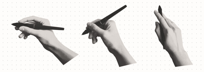 Set of hands with a pen in different positions. Hands holding a pen in halftone style. Stippled vector illustration. Trendy hand elements for collage