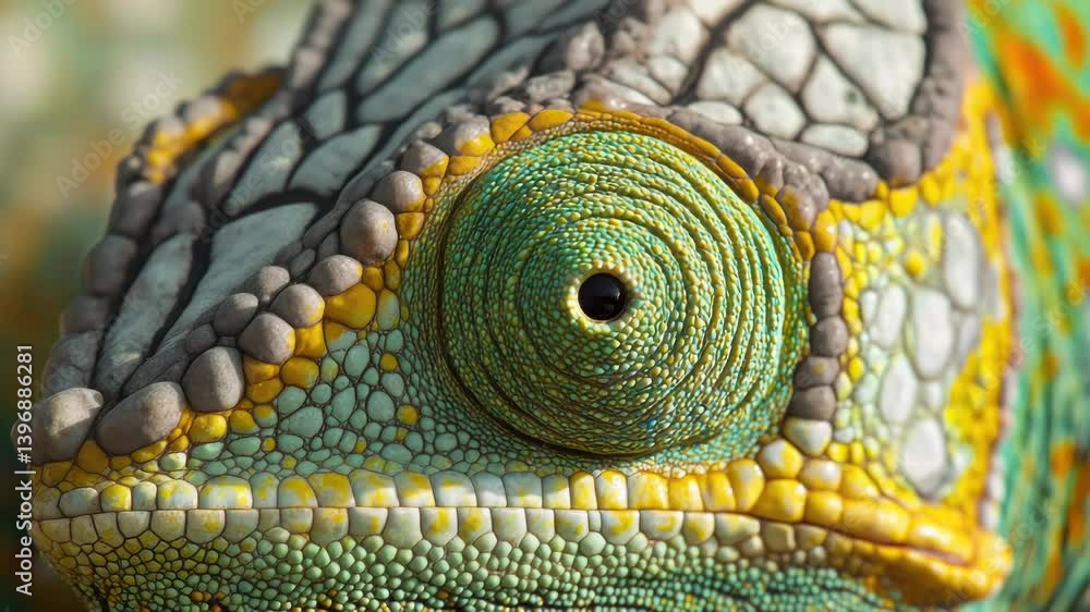 Poster a close-up view of a chameleon's eye, showcasing its unique features and colors.