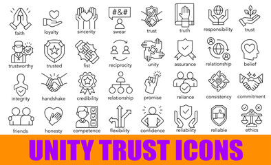Trust and ethics concept line icons with words for HR leadership, integrity, responsibility, reliability, promise, belief and corporate teamwork, Vector Design, Isolated