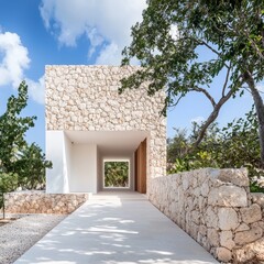 A minimalist chapel with sharp angles and natural stone accents