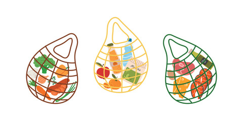 Three mesh eco bags with vegetables, drinks inside on white background. Zero waste concept