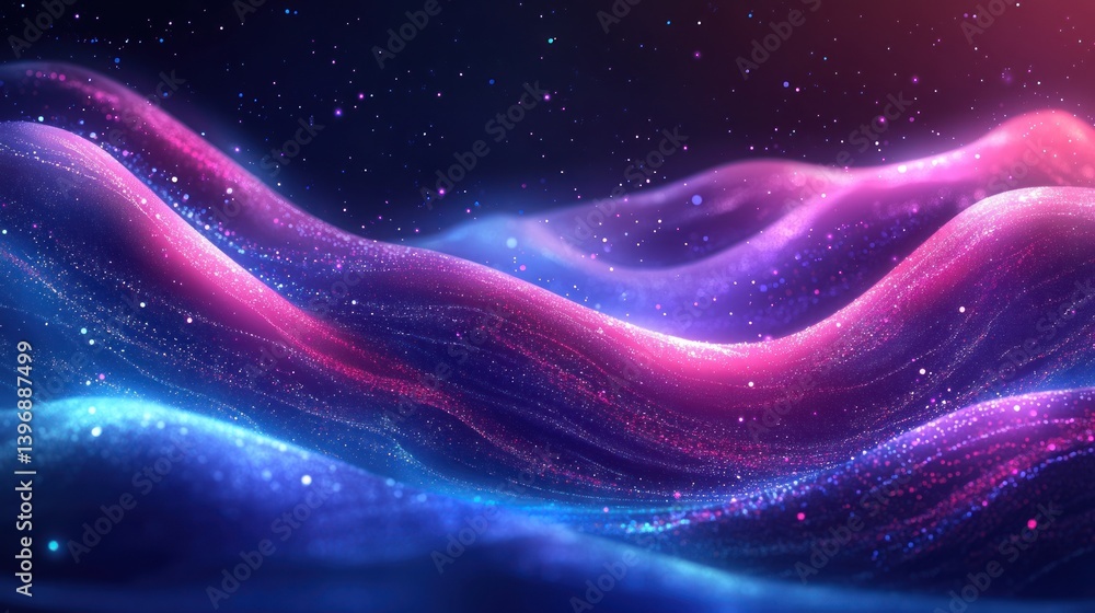 Poster luminescent waves of stardust ethereal landscape of glowing particles cosmic aurora background with 