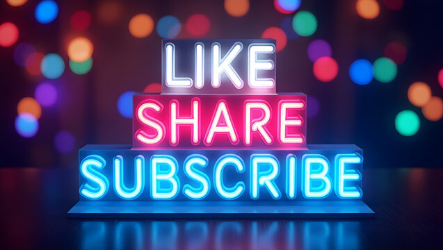 Vibrant neon sign glowing with the words "Like," "Share," and "Subscribe" stacked on illuminated blocks, set against a festive bokeh background
