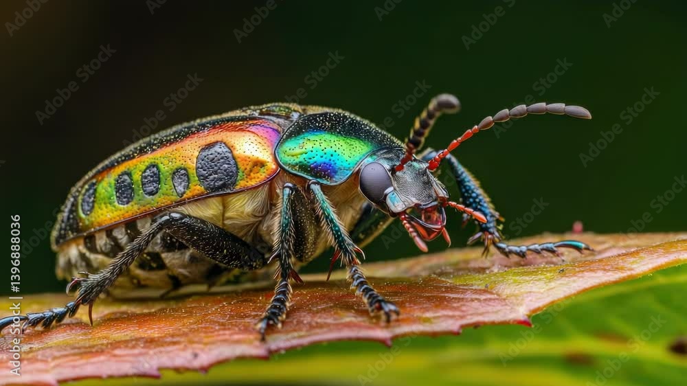 Poster a close-up shot of a colorful beetle sitting on a leaf, with intricate details visible.