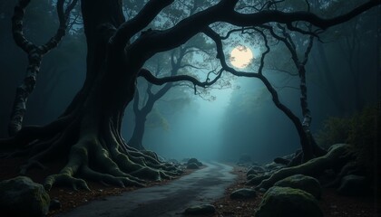 A dark and mysterious forest scene at night. Gnarled tree trunks with visible roots are partially obscured by mist and moonlight. Moss covers rocks and the ground is a deep black. Silver birch trees a