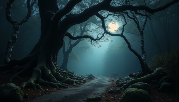 A dark and mysterious forest scene at night. Gnarled tree trunks with visible roots are partially obscured by mist and moonlight. Moss covers rocks and the ground is a deep black. Silver birch trees a