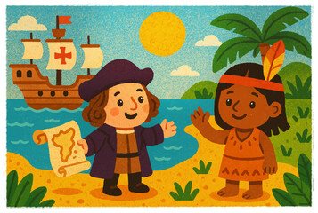 Columbus Arrives in America! A New World Revealed.
Christopher Columbus with map and Native American on the beach, caravel at sea and bright sun. The discovery of America for kids!