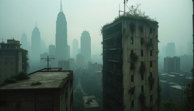 A desolate cityscape with decaying skyscrapers reaching into a hazy sky. Rusting metal, cracked concrete, vibrant green moss, peeling paint, and tangled vegetation cover the buildings, creating an eer