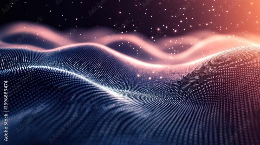 Poster ethereal landscape created with shimmering dots forming gentle waves with a sprinkle of cosmic dust 