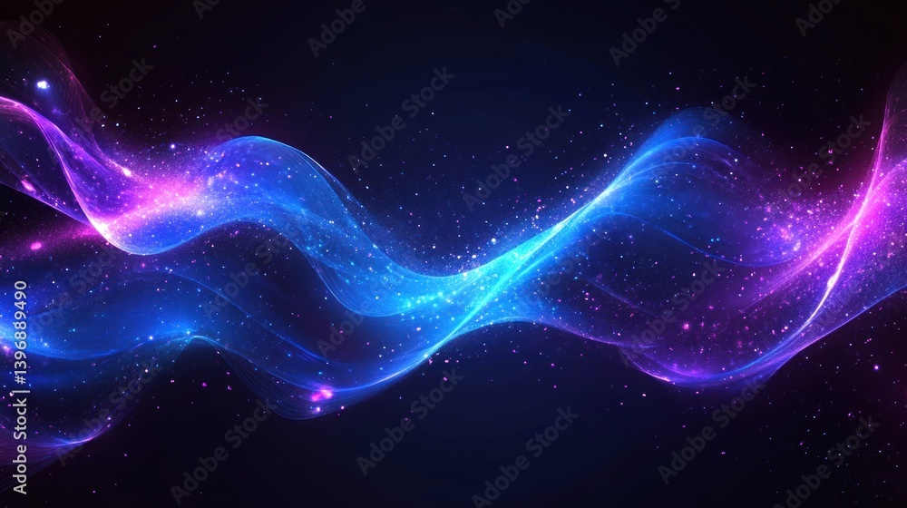 Poster abstract cosmic energy flow with nebula dust and luminous particles creating ethereal waves of blue 