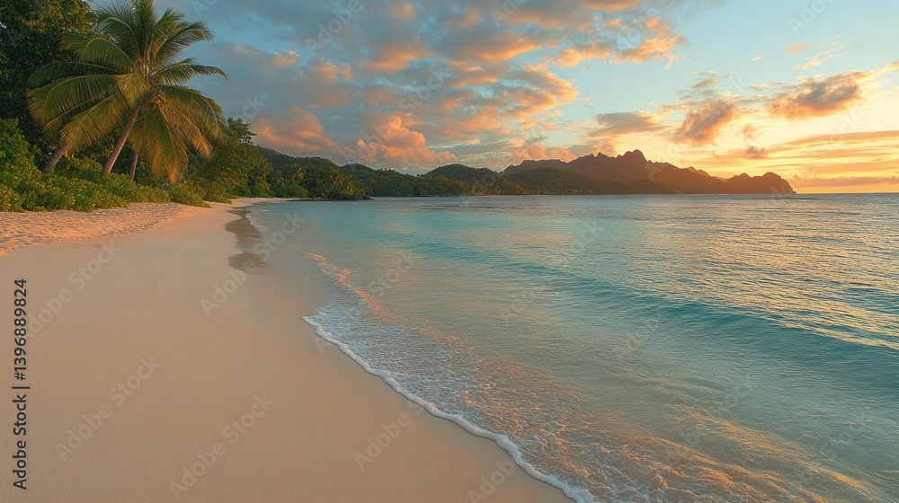 Aufkleber Golden sunlight reflects off calm waters as palm trees sway gently by the shore. Soft waves lap at the pristine sand, creating a tranquil atmosphere perfect for relaxation and reflection