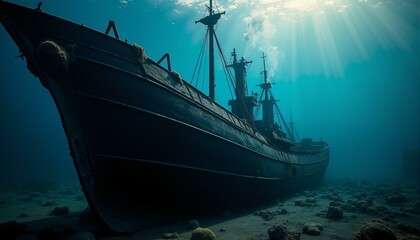 Sunken ships rest on a deep ocean floor. The vessels are old, with copper hulls showing rust and covered in seaweed. Sediment swirls around the wreckage, creating a murky, dark blue environment where 
